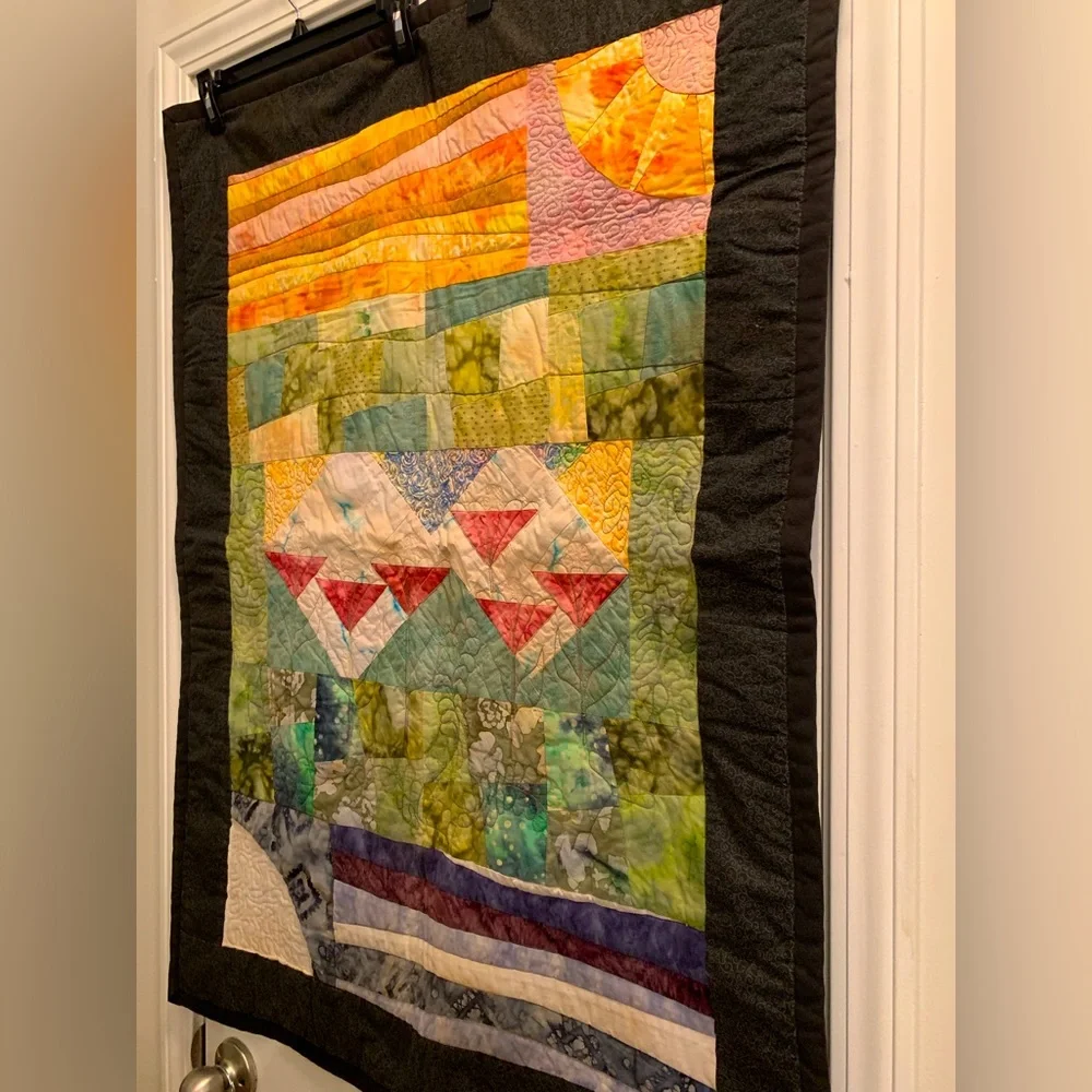 New Handmade Landscape Art Quilt Tapestry Fabric Wall Hanging Flowers at Sunset